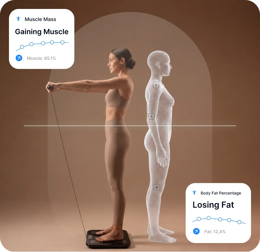 Woman on the Hume Pod beside a digital model of her body showing muscle gain and fat loss